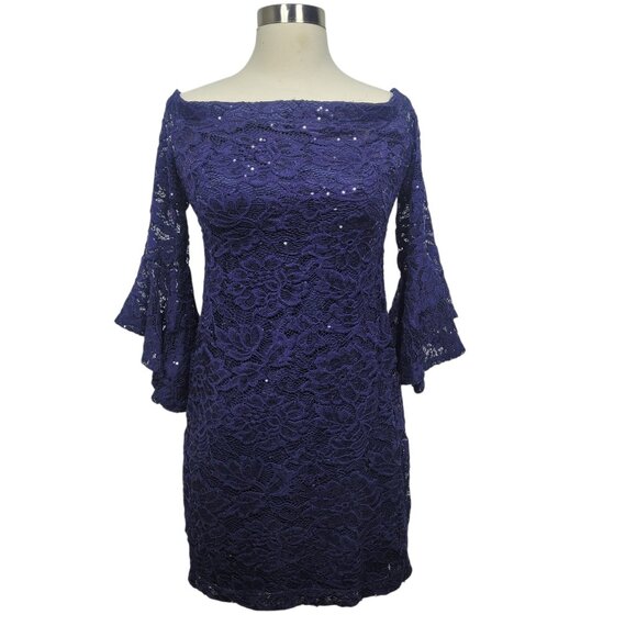 Teeze Me Women’s Blue Lace Off-Shoulder Dress Size 11 Bell Sleeve Cocktail Party - Picture 1 of 8